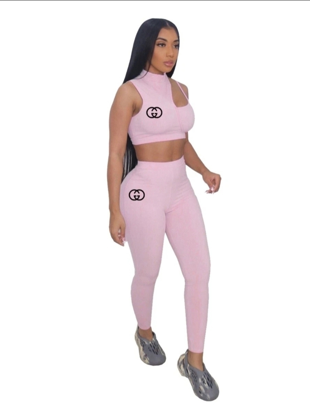 Women’s High-Waist Pink Ribbed Leggings & Crop Top Set Sz L